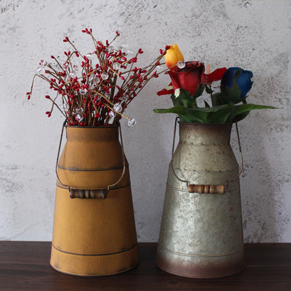 CVHOMEDECO. 10 Inch Galvanized Metal Milk Can with Wooden Handle, Old Rustic Farmhouse Pitcher Jug Vase for Home and Garden Décor.