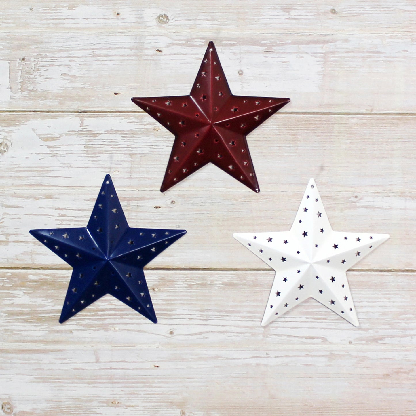CVHOMEDECO. Primitives Rustic Gifts American Flag Stars Punched Metal Barn Stars for Wall/Wreaths/Twigs Decor, 6 Inch, Set of 3