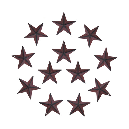 CVHOMEDECO. Rustic Primitive Antique Vintage Gifts Burgundy/Black Small Metal Barn Star Wall/Door Decor, 2.75 Inch, Set of 12.