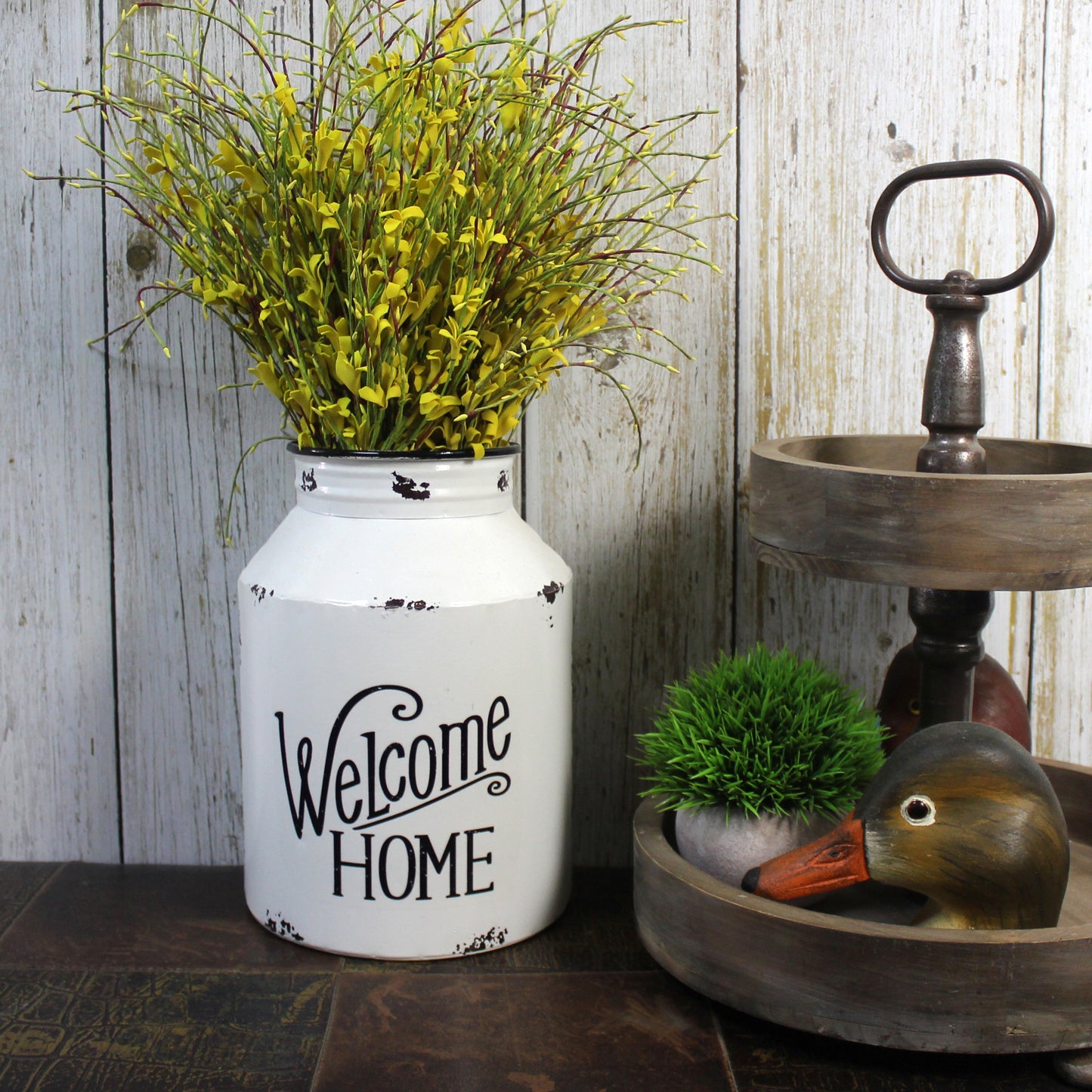 CVHOMEDECO. Primitive Rustic Galvanized Tin Half Round Jug Vase Metal Wall Hanging Flower Holder for Home and Garden Decor, Vintage White