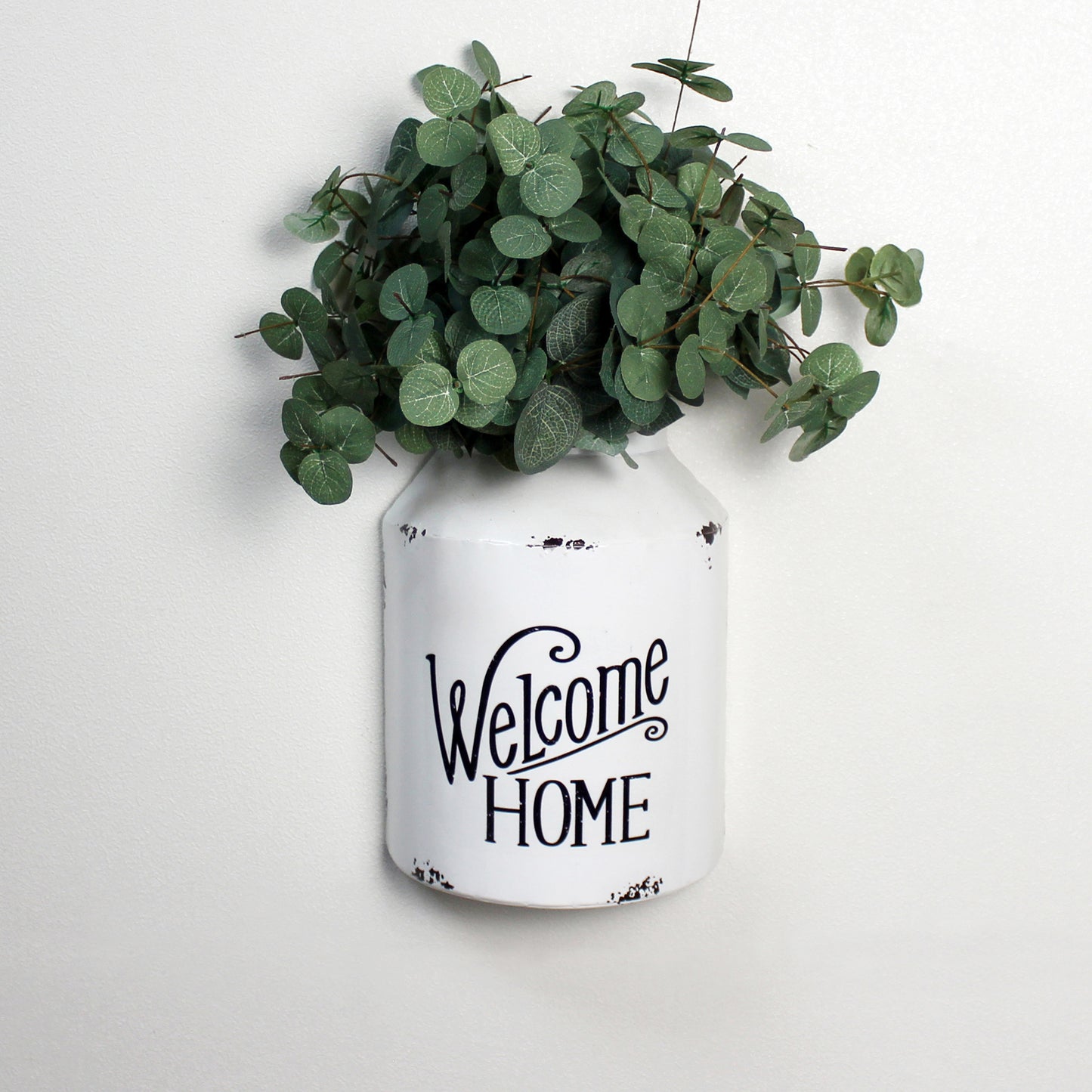CVHOMEDECO. Primitive Rustic Galvanized Tin Half Round Jug Vase Metal Wall Hanging Flower Holder for Home and Garden Decor, Vintage White