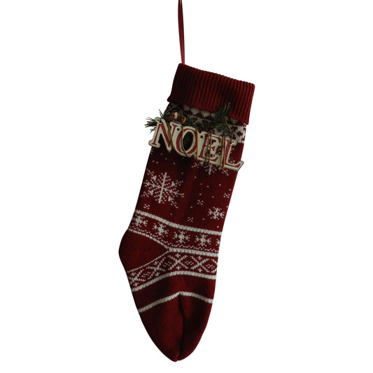 CVHOMEDECO. Burgundy and Ivory White 18 Inch Christmas Tree Knit Stockings Christmas Gift Bag with Wooden NOEL Sign Rustic Hanging Decoration Art, 2 Assorted.