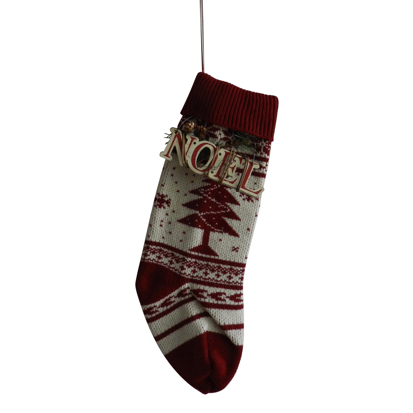 CVHOMEDECO. Burgundy and Ivory White 18 Inch Christmas Tree Knit Stockings Christmas Gift Bag with Wooden NOEL Sign Rustic Hanging Decoration Art, 2 Assorted.