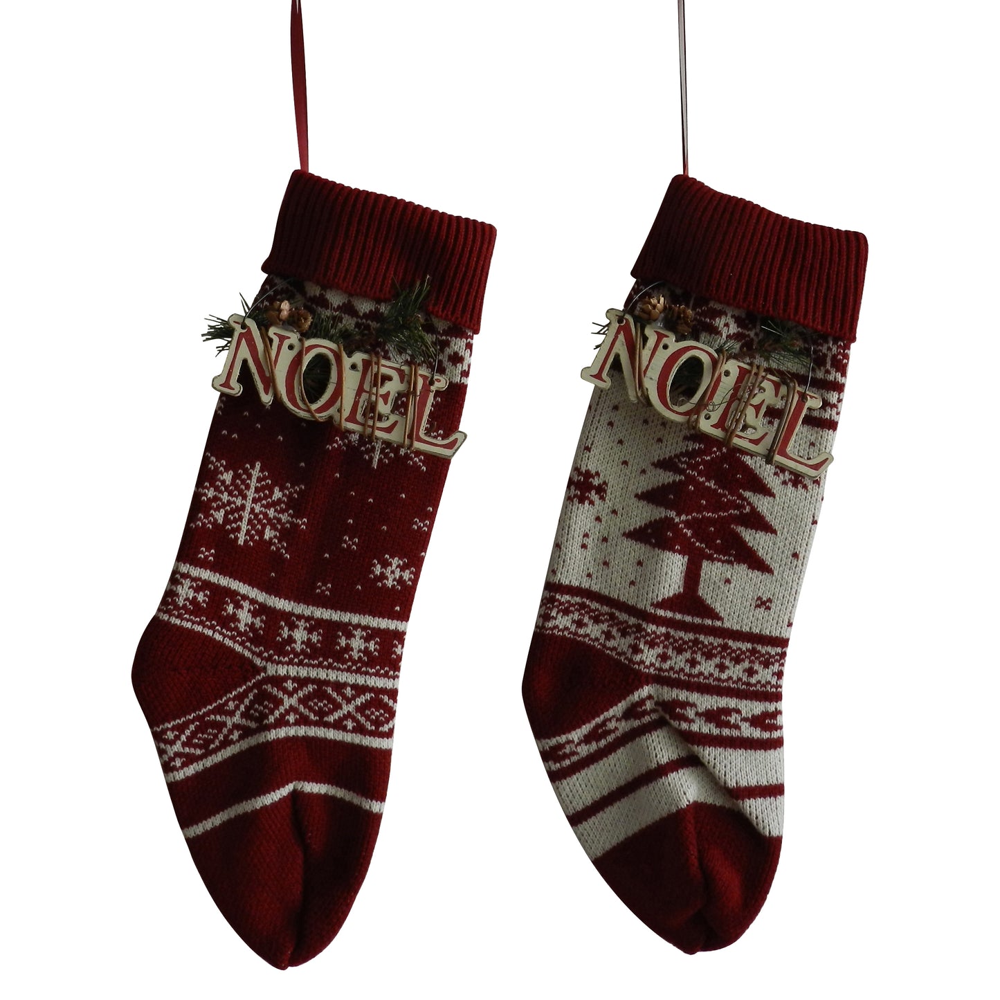 CVHOMEDECO. Burgundy and Ivory White 18 Inch Christmas Tree Knit Stockings Christmas Gift Bag with Wooden NOEL Sign Rustic Hanging Decoration Art, 2 Assorted.