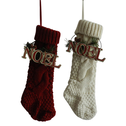 CVHOMEDECO. Burgundy and Ivory White 14 Inch Christmas Tree Knit Stockings Christmas Gift Bag with Wooden NOEL Sign Vintage Hanging Decoration Art, Set of 2