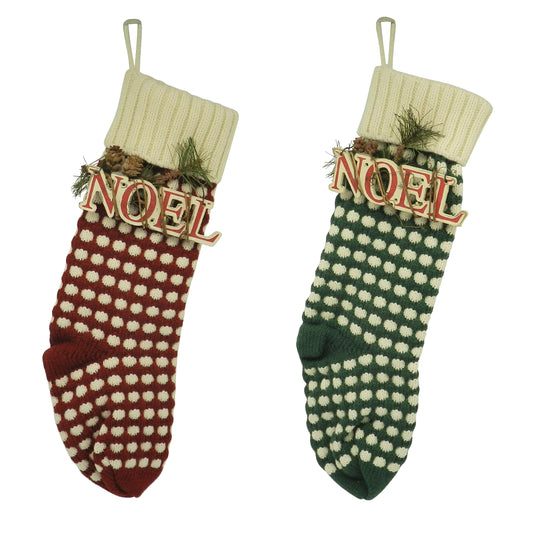 CVHOMEDECO. Burgundy and Dark green 18 Inch Christmas Tree Knit Stockings Christmas Gift Bag with Wooden NOEL Sign Rustic Hanging Decoration Art, 2 Assorted.