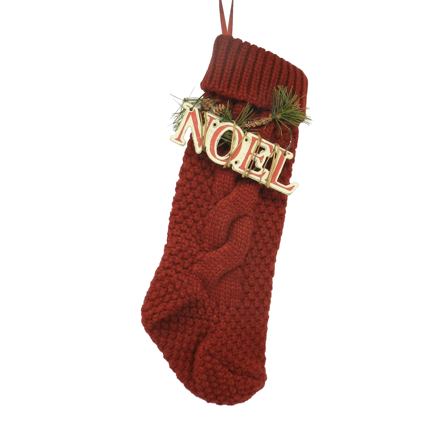 CVHOMEDECO. Burgundy and Ivory White 18 Inch Christmas Tree Knit Stockings Christmas Gift Bag with Wooden NOEL Sign Vintage Hanging Decoration Art, Set of 2