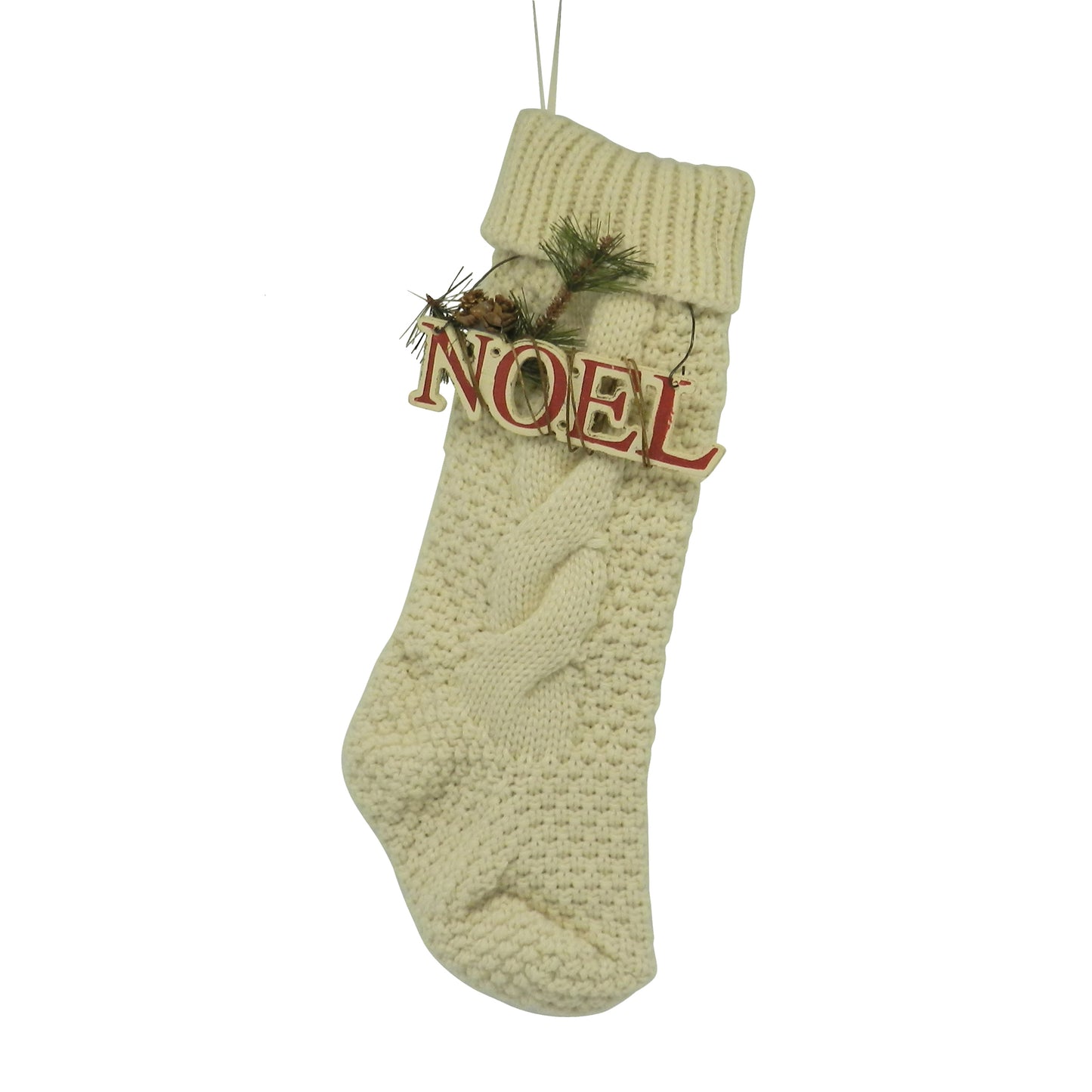 CVHOMEDECO. Burgundy and Ivory White 18 Inch Christmas Tree Knit Stockings Christmas Gift Bag with Wooden NOEL Sign Vintage Hanging Decoration Art, Set of 2