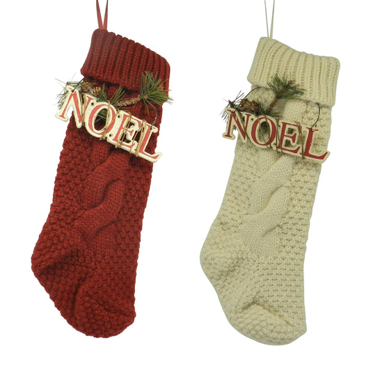 CVHOMEDECO. Burgundy and Ivory White 18 Inch Christmas Tree Knit Stockings Christmas Gift Bag with Wooden NOEL Sign Vintage Hanging Decoration Art, Set of 2