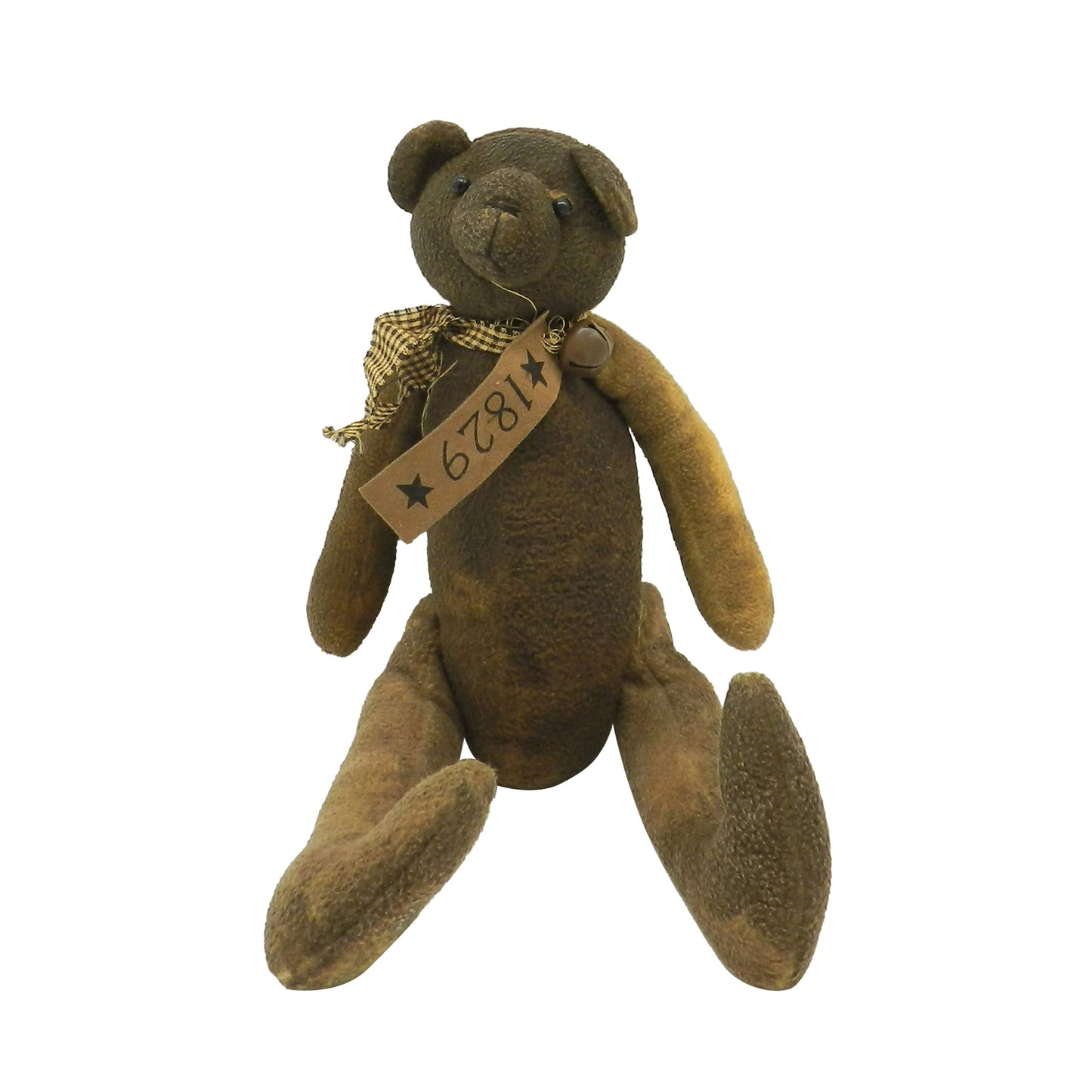 CVHOMEDECO. Antique Grungy Stuffed Bear Decoration with Rusty Bell Collar. 17 X 11 Inch