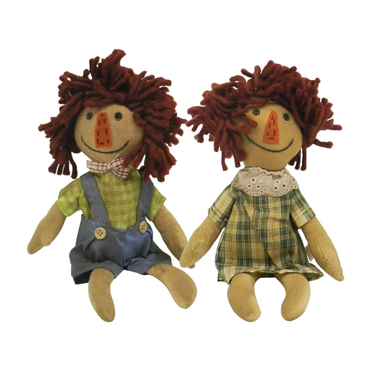 CVHOMEDECO. Primitive Vintage Twins Jake and Jenny Doll Ornaments. 2 Assorted. 5 x 11 x 2 Inch