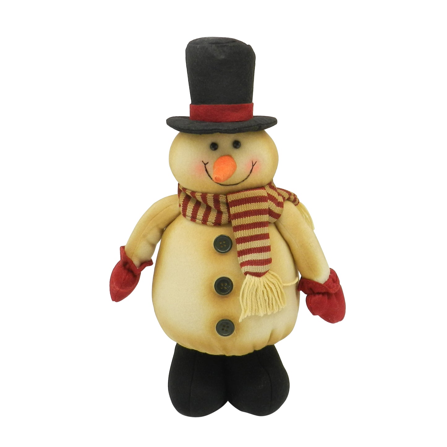 CVHOMEDECO. Country Rustic Standing Plush Snowman Doll with Black Boots and Top Hat Vintage Stuffed Toy Christmas Decoration, 16 Inch