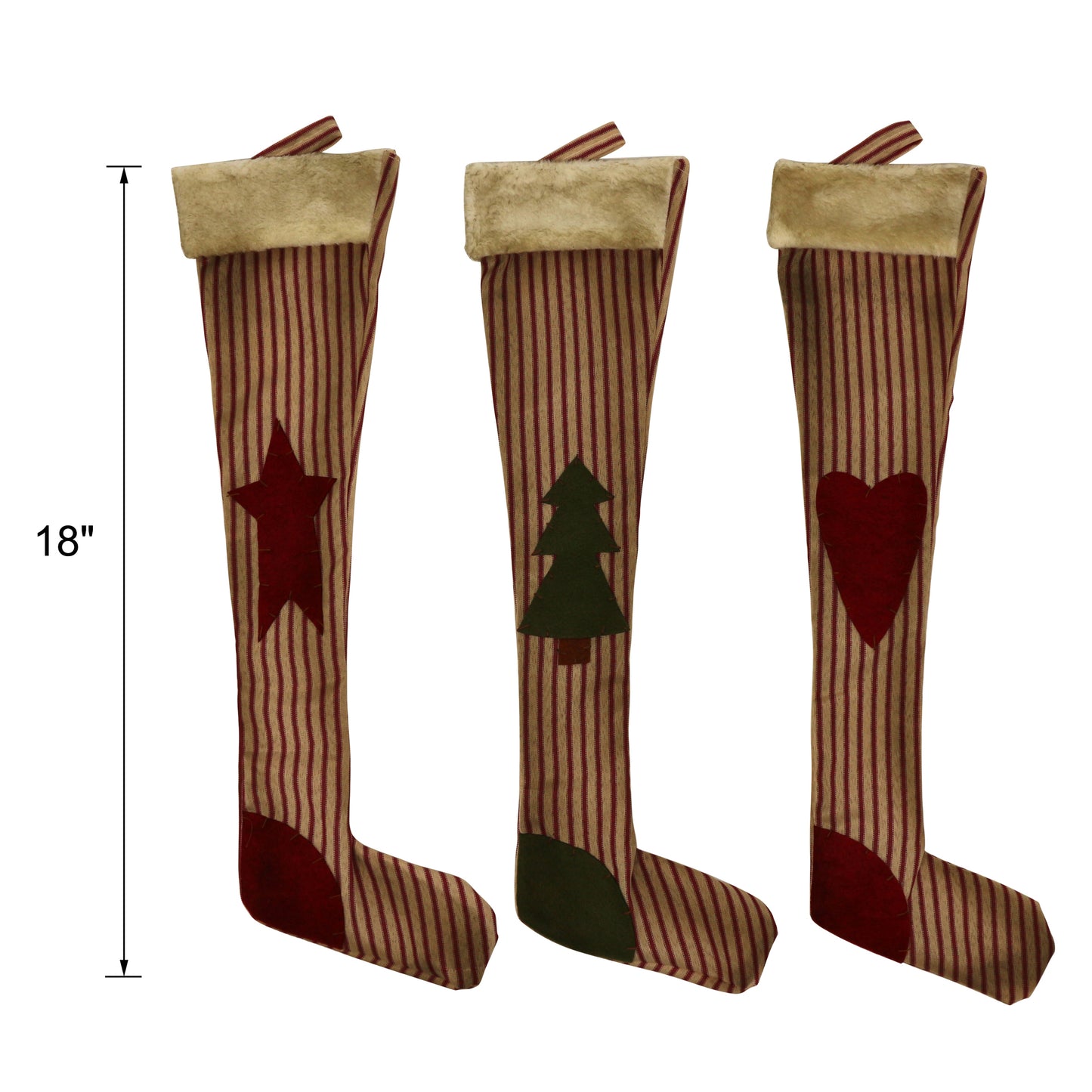 CVHOMEDECO. Primitive Vintage Design 18 Inch Christmas Tree Hanging Stockings Rustic Star, Tree, Heart Xmas Hanging Decoration Gifts, 3 Assorted.