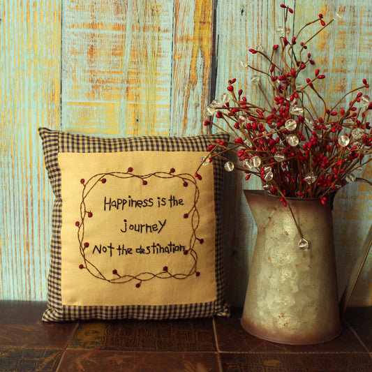 CVHOMEDECO. Rustic “Happiness is the journey not the destination” Embroidered Throw Pillow with Berry Vine Decorative Accent. 10 x 10 Inch