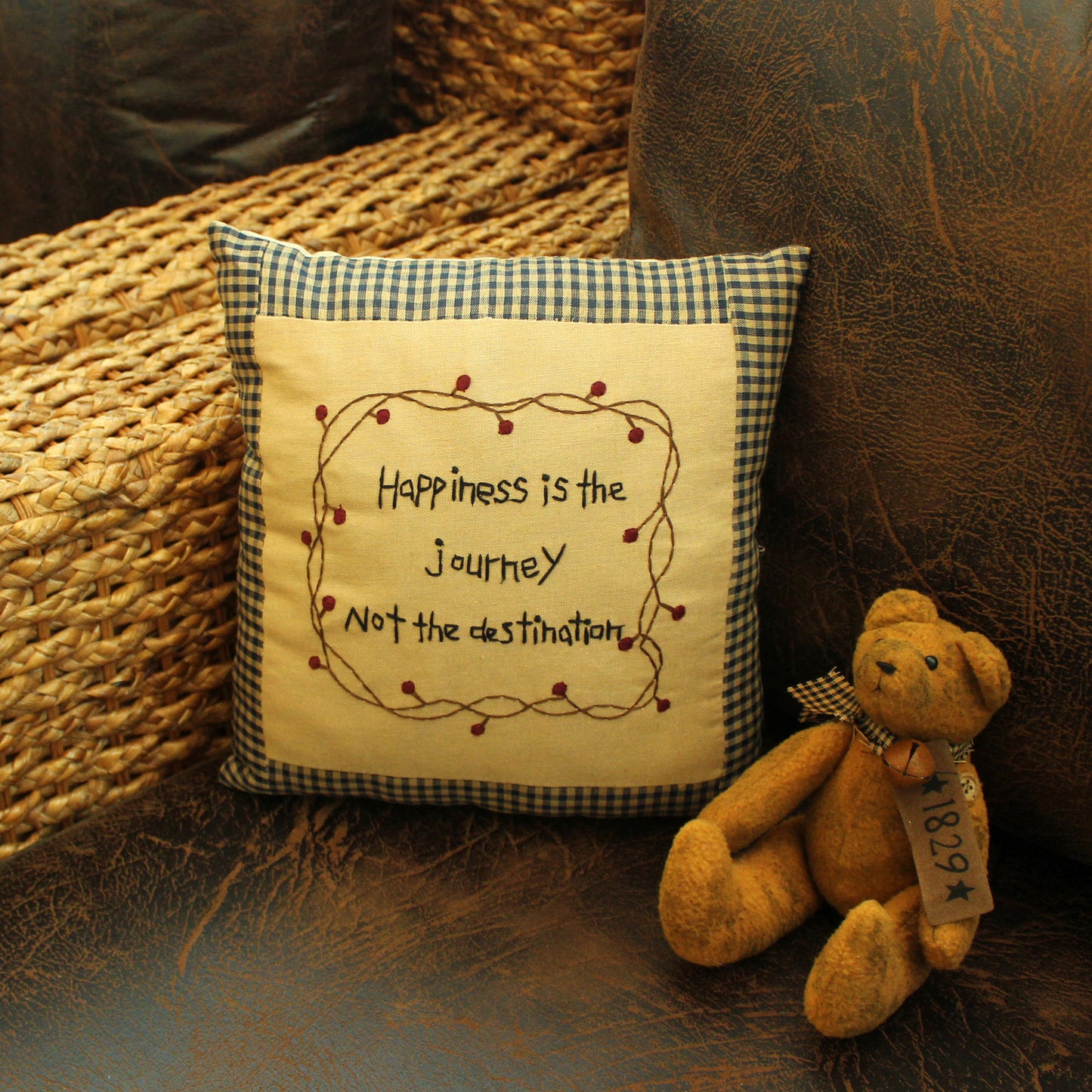 CVHOMEDECO. Rustic “Happiness is the journey not the destination” Embroidered Throw Pillow with Berry Vine Decorative Accent. 10 x 10 Inch