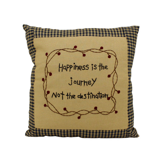 CVHOMEDECO. Rustic “Happiness is the journey not the destination” Embroidered Throw Pillow with Berry Vine Decorative Accent. 10 x 10 Inch