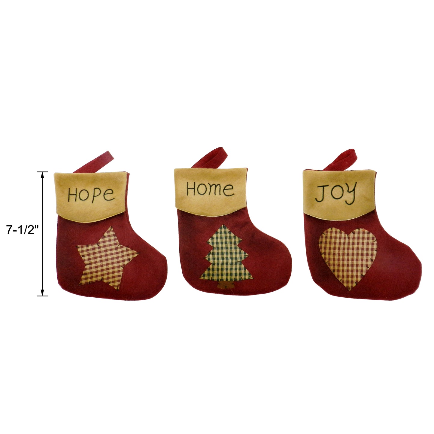 CVHOMEDECO. Primitive Vintage Design 7.5 Inch Christmas Tree Hanging Stockings with Stitched Messages Hope Home Joy Xmas Hanging Decoration Gifts, 3 Assorted.