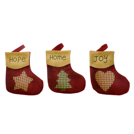CVHOMEDECO. Primitive Vintage Design 7.5 Inch Christmas Tree Hanging Stockings with Stitched Messages Hope Home Joy Xmas Hanging Decoration Gifts, 3 Assorted.