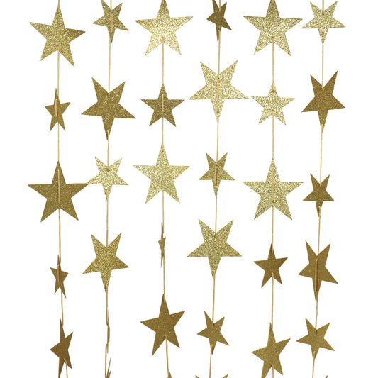 CVHOMEDECO. Twinkle Glittered Paper Star String Star Garland Unique Hanging Bunting Banner for Wedding Birthday Party Festival Home Background Decoration, 5.5 feet, Pack of 2 PCS (Golden)