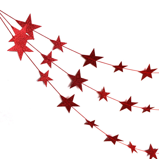 CVHOMEDECO. Twinkle Glittered Paper Star String Star Garland Unique Hanging Bunting Banner for Wedding Birthday Party Festival Home Background Decoration, 5.5 feet, Pack of 2 PCS (Red)