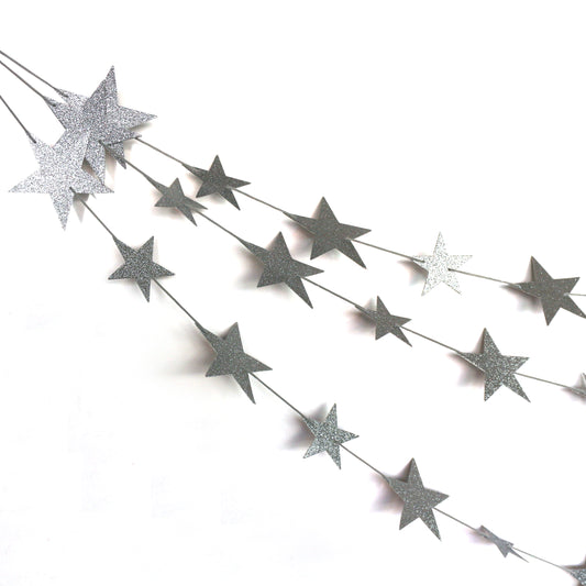 CVHOMEDECO. Twinkle Glittered Paper Star String Star Garland Unique Hanging Bunting Banner for Wedding Birthday Party Festival Home Background Decoration, 5.5 feet, Pack of 2 PCS (Silver)