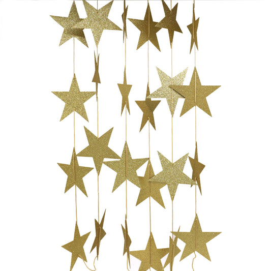 CVHOMEDECO. Golden Glittered Paper Star String Star Garland Hanging Décor for Wedding Birthday Party Festival Home Background Decorative, 8.2 feet, Pack of 2 PCS