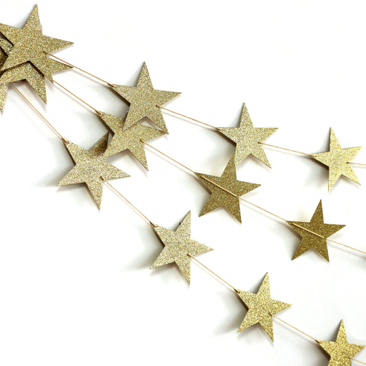 CVHOMEDECO. Golden Glittered Paper Star String Star Garland Hanging Décor for Wedding Birthday Party Festival Home Background Decorative, 8.2 feet, Pack of 2 PCS