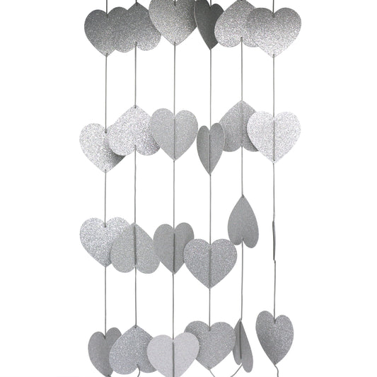 CVHOMEDECO. Silver Glittered Paper Heart Shape String Garland Hanging Décor for Wedding Birthday Party Festival Home Background Decorative, 8.2 feet, Pack of 2 PCS