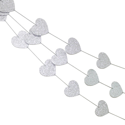 CVHOMEDECO. Silver Glittered Paper Heart Shape String Garland Hanging Décor for Wedding Birthday Party Festival Home Background Decorative, 8.2 feet, Pack of 2 PCS