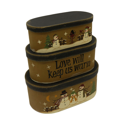 CVHOMEDECO. Oval Rustic Vintage “Love Will Keep Us Warm” Collectibles Cardboard Nesting Boxes, Large 9.75 x 5.5 x 4 Inch, Set of 3.