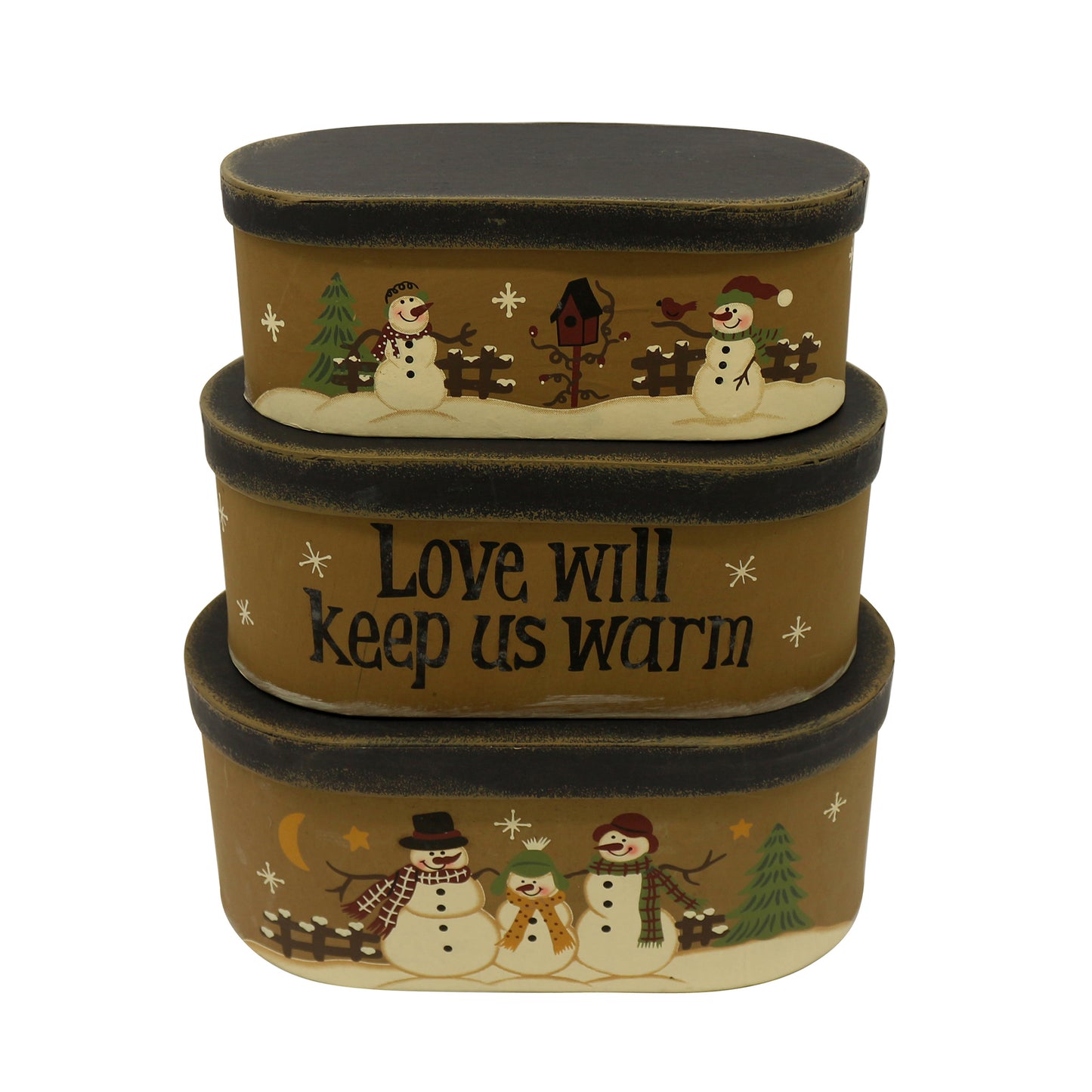 CVHOMEDECO. Oval Rustic Vintage “Love Will Keep Us Warm” Collectibles Cardboard Nesting Boxes, Large 9.75 x 5.5 x 4 Inch, Set of 3.