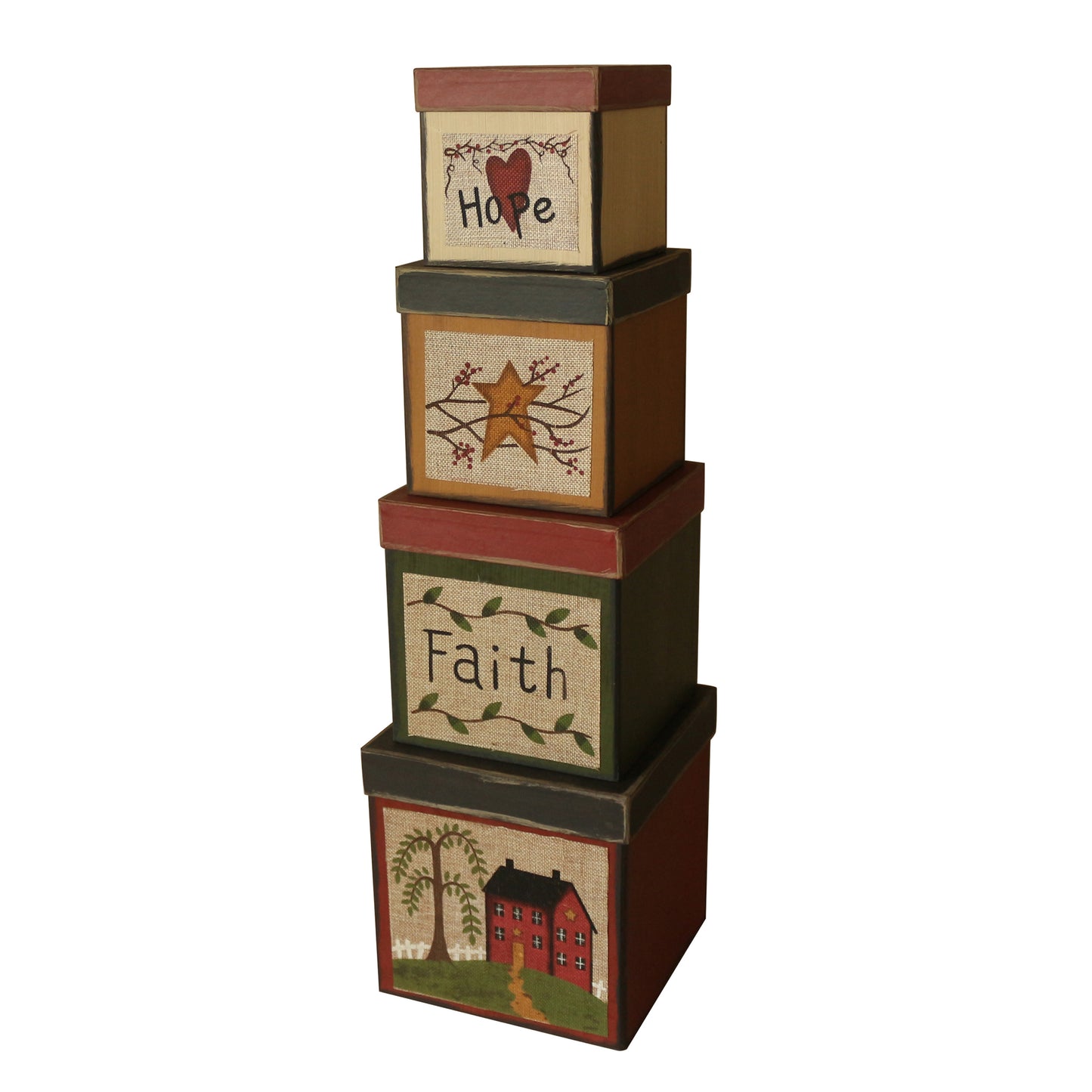 CVHOMEDECO. Square Primitive Vintage Hope Faith Star House Collectibles Cardboard Nesting Boxes, Large 8 x 8 x 8 Inch, Set of 4.