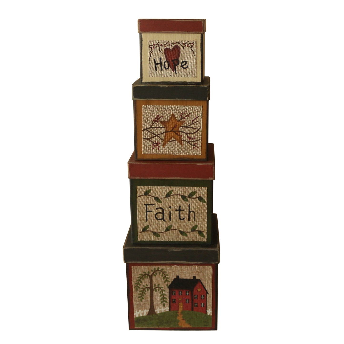 CVHOMEDECO. Square Primitive Vintage Hope Faith Star House Collectibles Cardboard Nesting Boxes, Large 8 x 8 x 8 Inch, Set of 4.