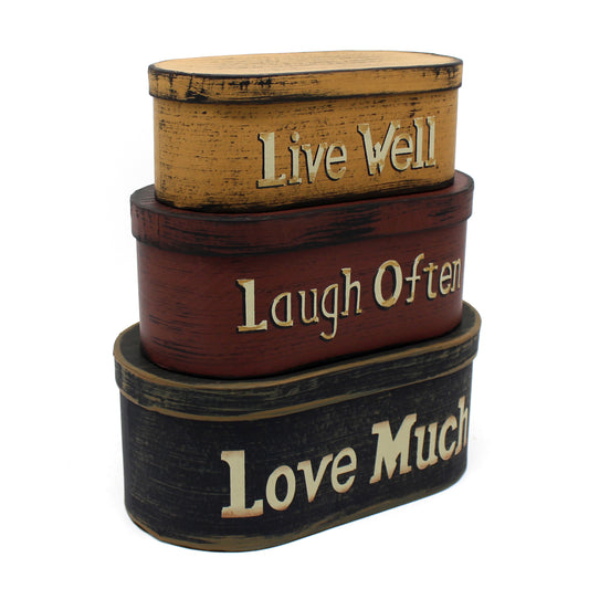 CVHOMEDECO. Primitives Vintage Oval “Live Well, Laugh Often, Love Much” Cardboard Nesting Boxes, Large 9.75 x 5.5 x 4 Inch, Set of 3.