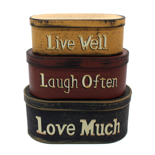 CVHOMEDECO. Primitives Vintage Oval “Live Well, Laugh Often, Love Much” Cardboard Nesting Boxes, Large 9.75 x 5.5 x 4 Inch, Set of 3.