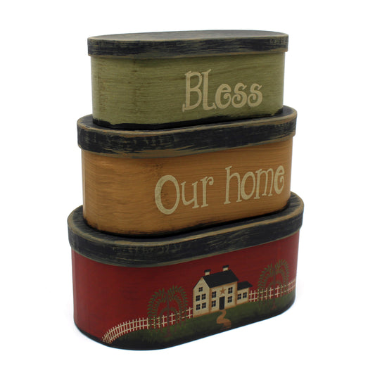 CVHOMEDECO. Primitives Rustic Oval “Bless Our home” Cardboard Nesting Boxes, Large 9.75 x 5.5 x 4 Inch, Set of 3.