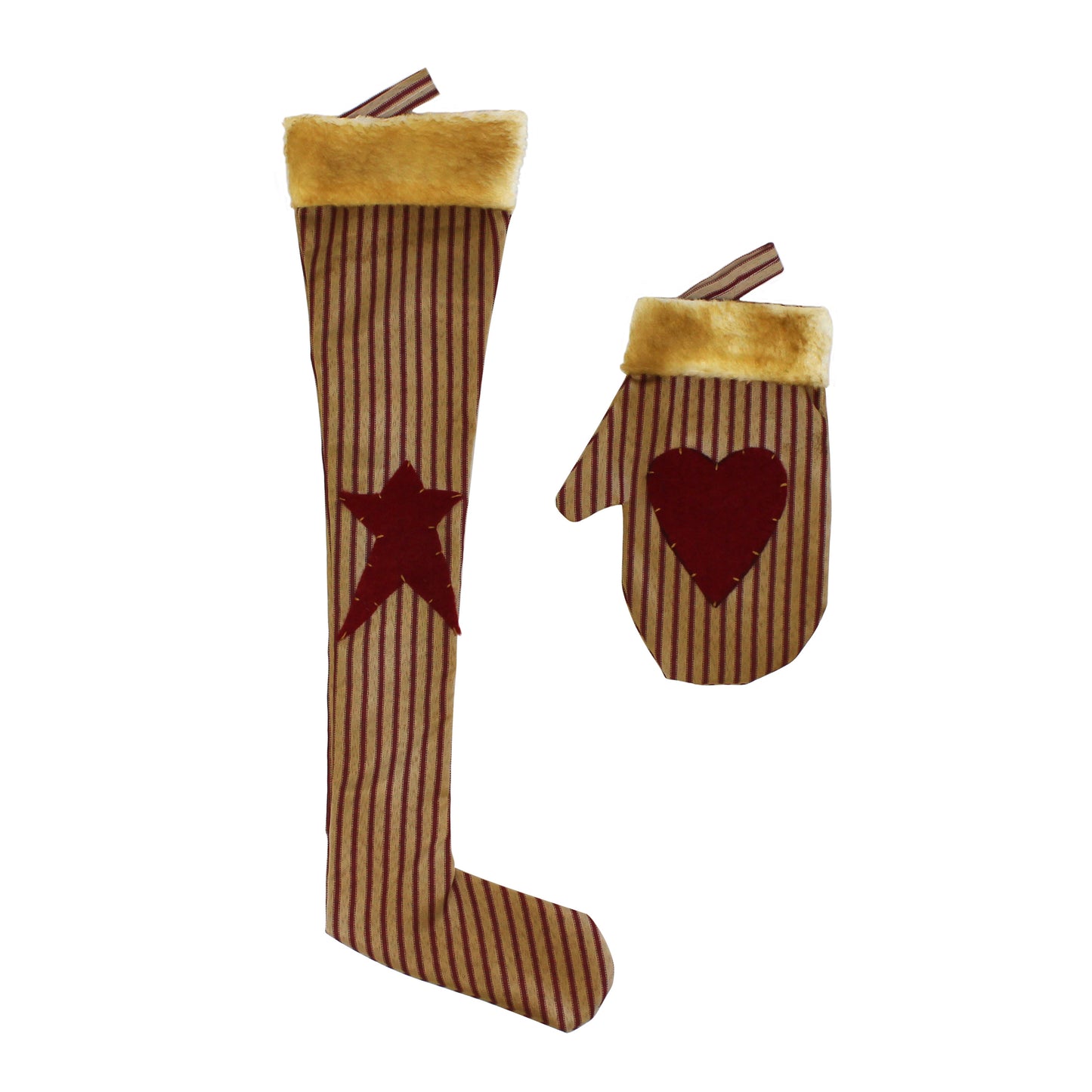 CVHOMEDECO. Rustic Antique Christmas Tree Hanging Stocking with Glove, Primitives Star, Heart Design Hanging Decoration Gifts, 2 Assorted