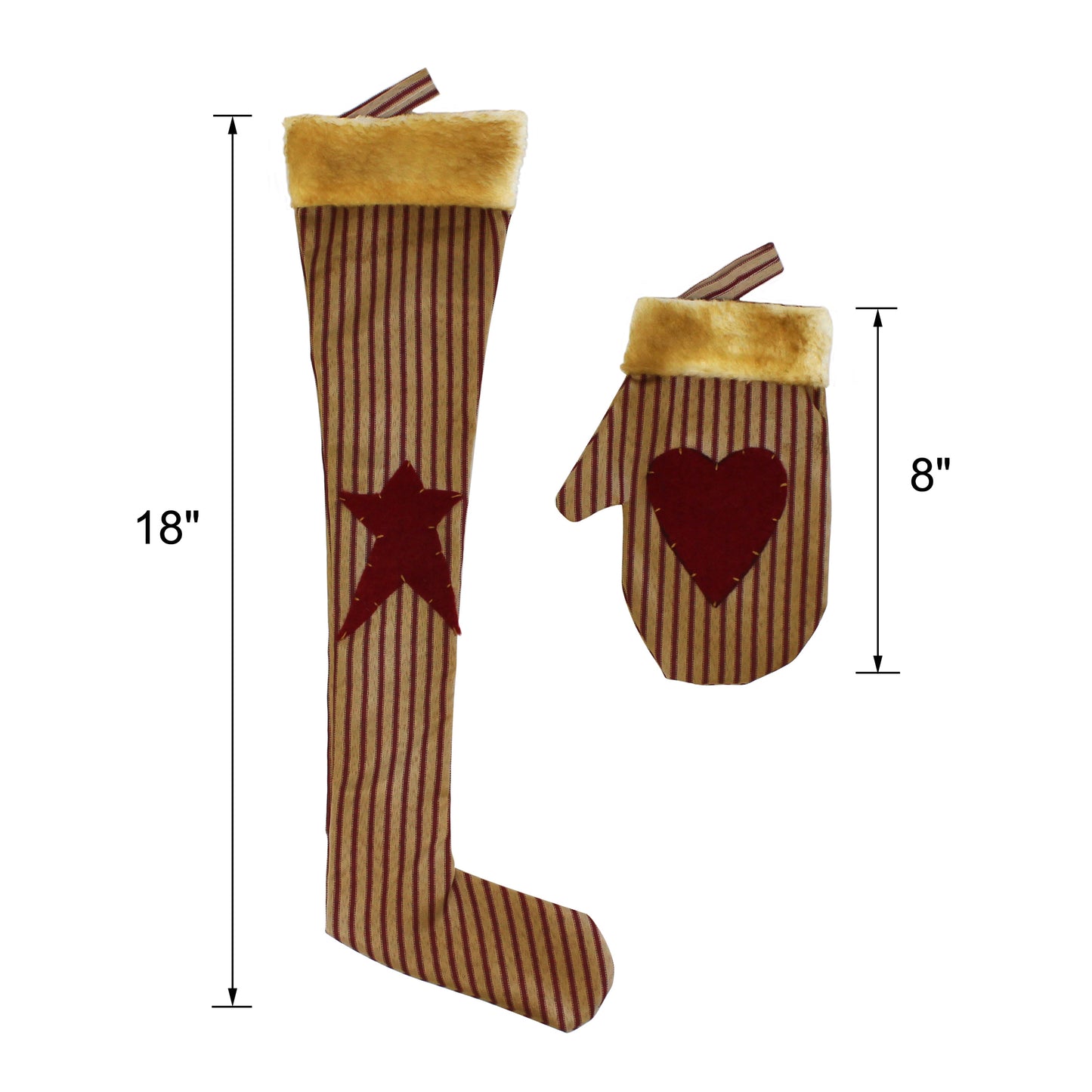 CVHOMEDECO. Rustic Antique Christmas Tree Hanging Stocking with Glove, Primitives Star, Heart Design Hanging Decoration Gifts, 2 Assorted