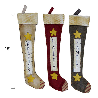 CVHOMEDECO. Primitive Rustic 18 Inch Hanging Stockings with Stitched Messages Friends Faith Family for Christmas or Home Décor. 3 Assorted