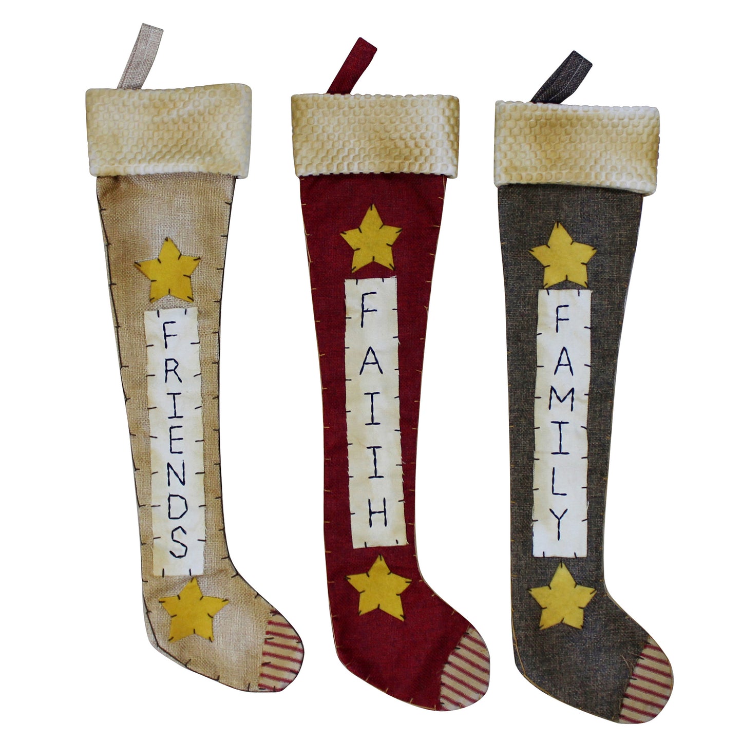 CVHOMEDECO. Primitive Rustic 18 Inch Hanging Stockings with Stitched Messages Friends Faith Family for Christmas or Home Décor. 3 Assorted