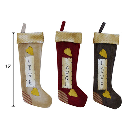 CVHOMEDECO. Primitive Rustic 16 Inch Hanging Stockings with Stitched Messages Live Laugh Love for Christmas or Home Décor. 3 Assorted