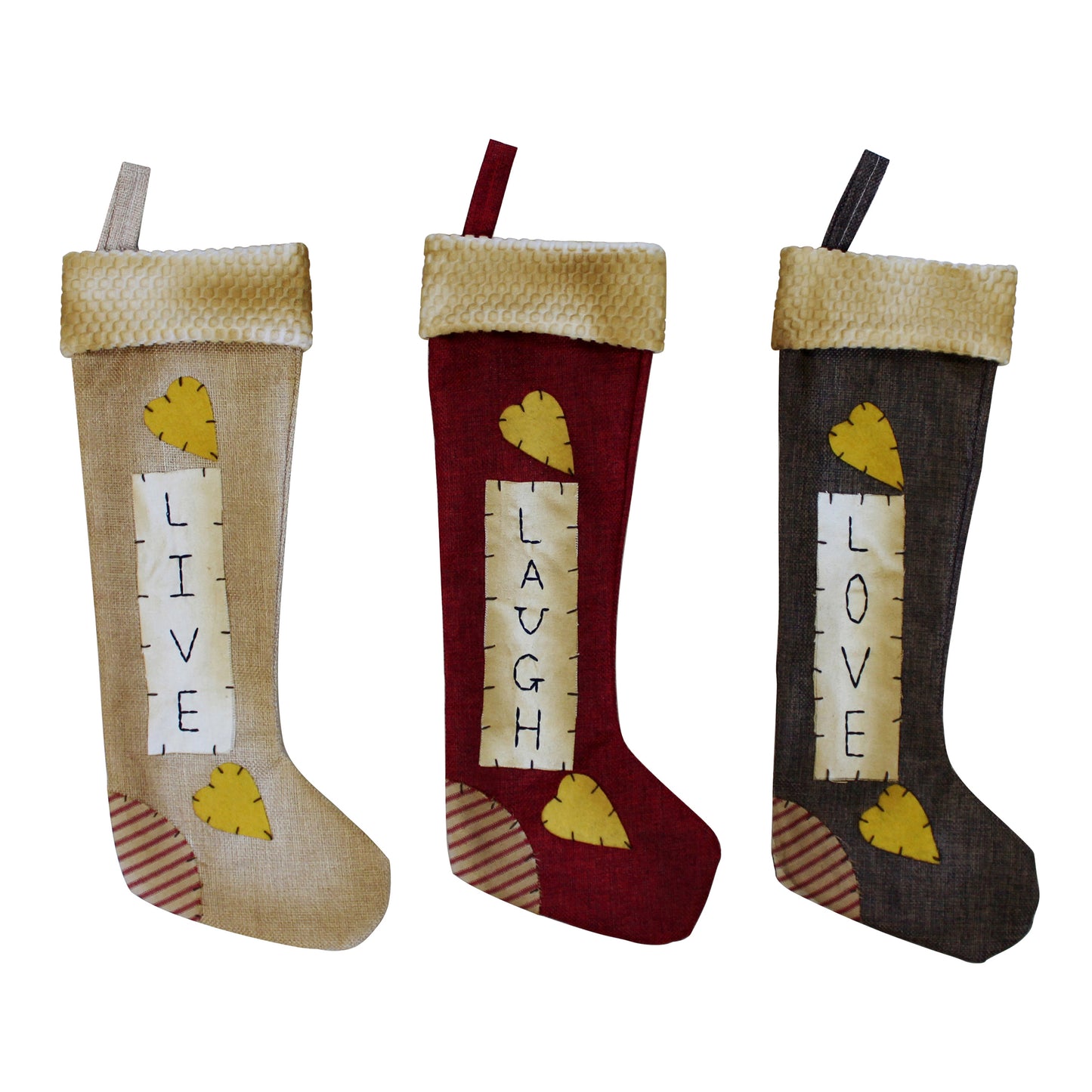 CVHOMEDECO. Primitive Rustic 16 Inch Hanging Stockings with Stitched Messages Live Laugh Love for Christmas or Home Décor. 3 Assorted