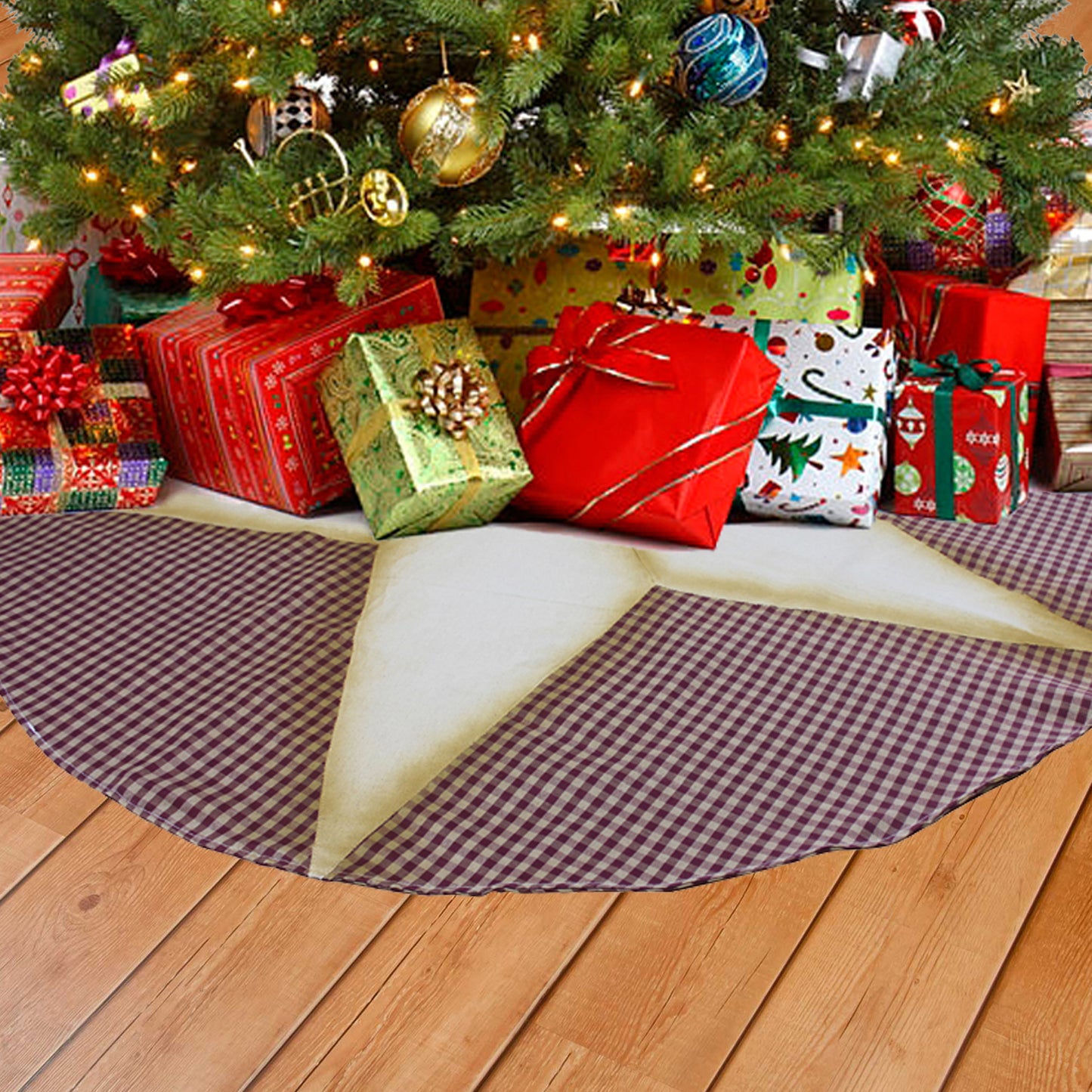 CVHOMEDECO. Primitive Rustic 50 Inch Christmas Tree Skirt Double Layers Burgundy Plaid Stitching Large Burlap Star for Christmas Holiday Party Décor.