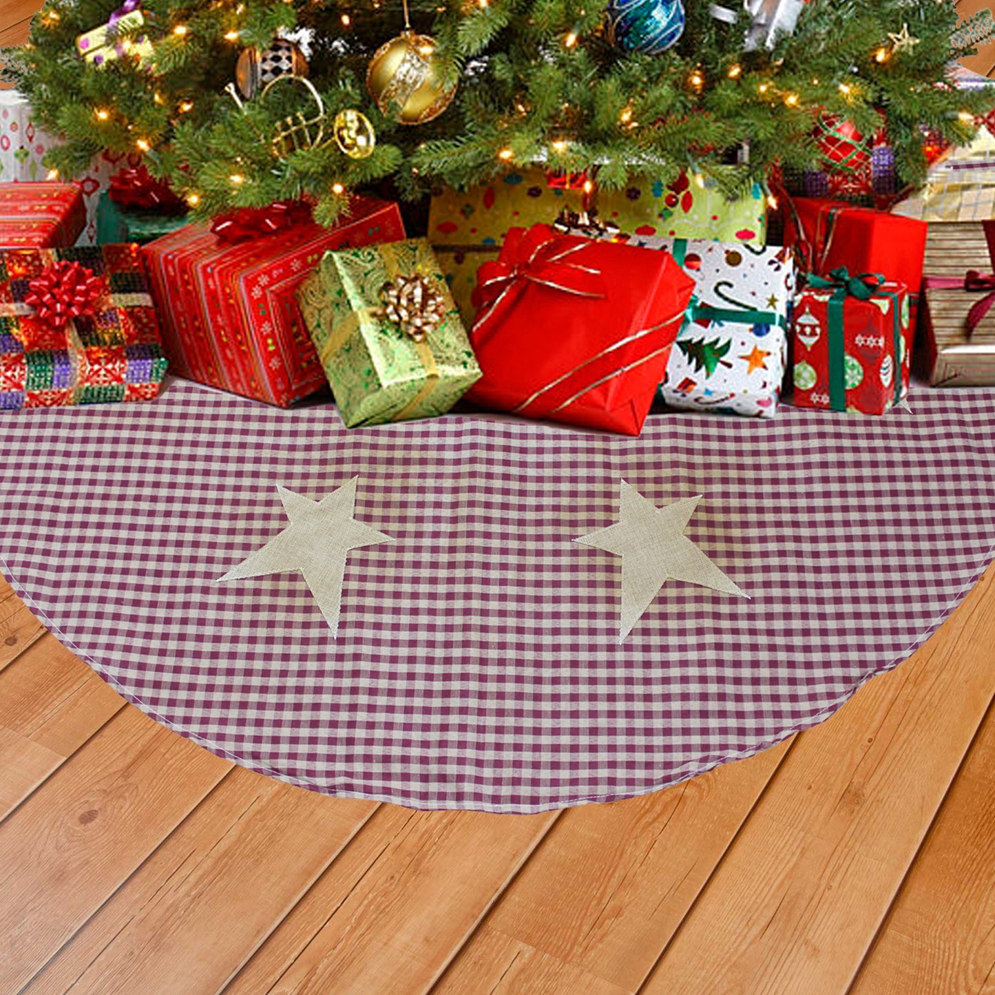 CVHOMEDECO. Country Rustic 50 Inch Christmas Tree Skirt Double Layers Burgundy Plaid Stitching Eight Burlap Stars for Christmas Holiday Party Décor.