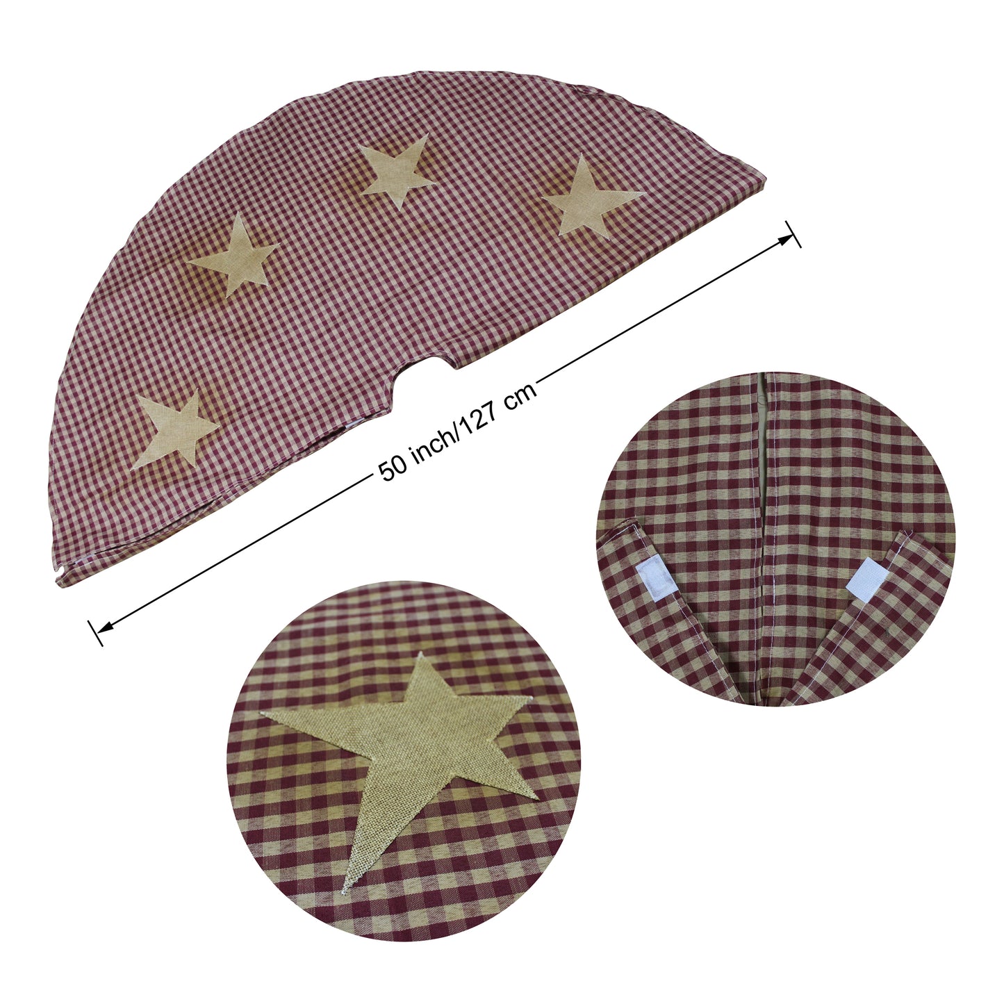 CVHOMEDECO. Country Rustic 50 Inch Christmas Tree Skirt Double Layers Burgundy Plaid Stitching Eight Burlap Stars for Christmas Holiday Party Décor.