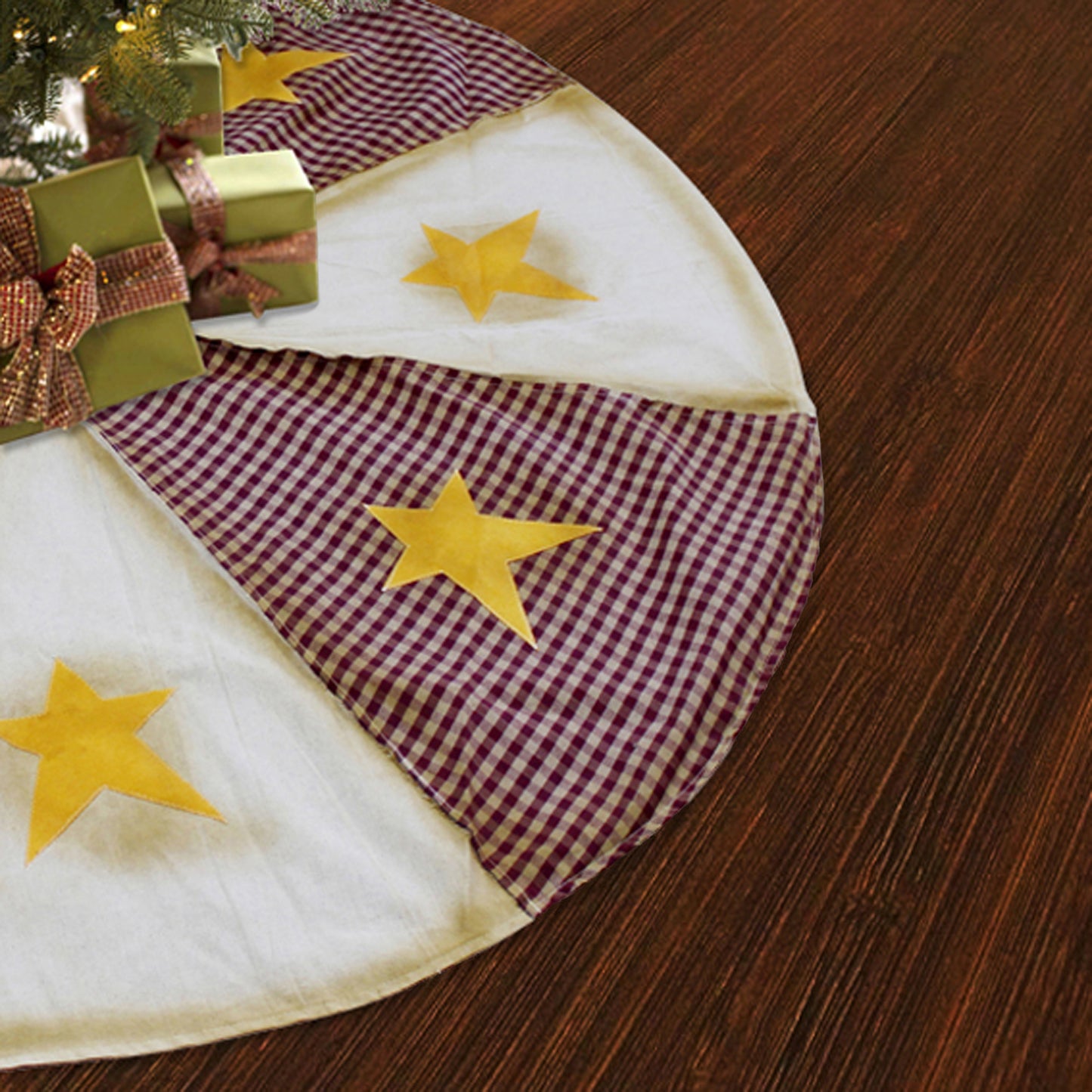 CVHOMEDECO. Primitives Rustic 50 Inch Patchwork Christmas Tree Skirt Double Layers Burgundy Plaid Burlap with Yellow Star Stitching for Christmas Holiday Party Décor.