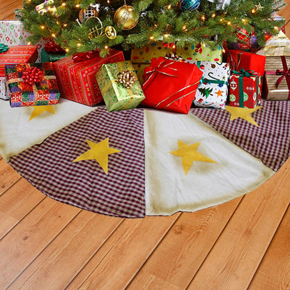 CVHOMEDECO. Primitives Rustic 50 Inch Patchwork Christmas Tree Skirt Double Layers Burgundy Plaid Burlap with Yellow Star Stitching for Christmas Holiday Party Décor.