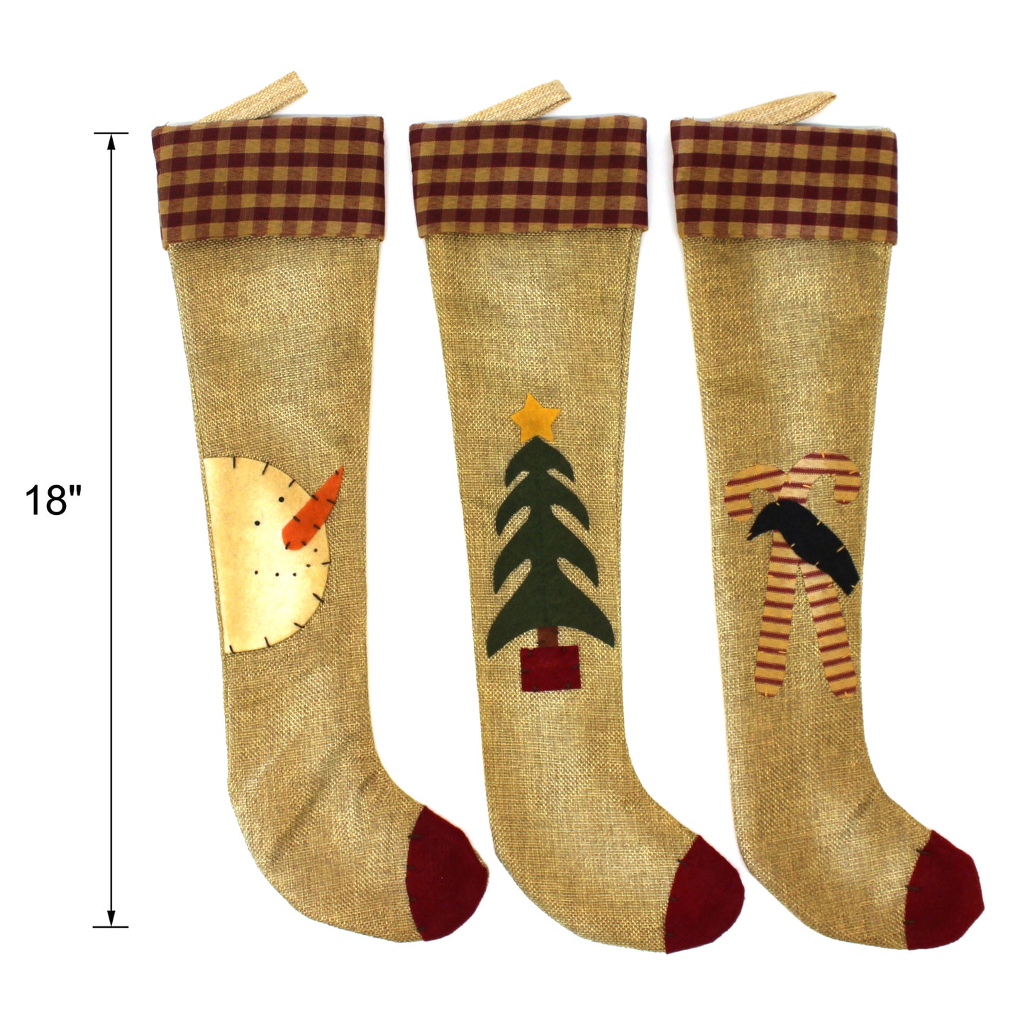 CVHOMEDECO. Primitives Rustic Design 18 Inch Christmas Tree Hanging Stockings Vintage Snowman, Tree, Crow and Candy Cane Xmas Hanging Decoration Gifts, 3 Assorted