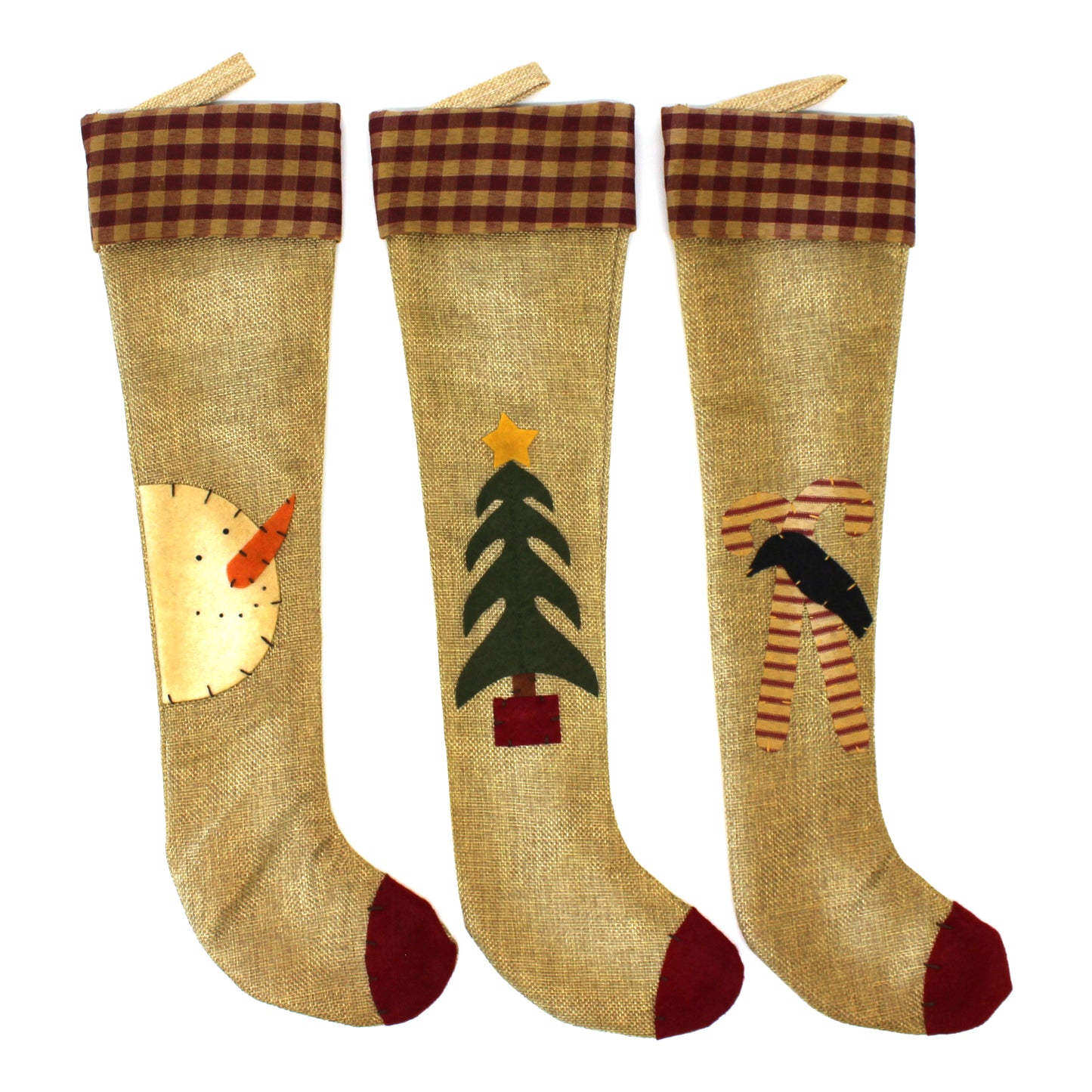 CVHOMEDECO. Primitives Rustic Design 18 Inch Christmas Tree Hanging Stockings Vintage Snowman, Tree, Crow and Candy Cane Xmas Hanging Decoration Gifts, 3 Assorted