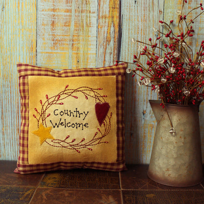 CVHOMEDECO. Primitives Country Welcome Embroidered Throw Pillow with Heart Star Berry Vine Farmhouse Accent. 11 x 11 Inch